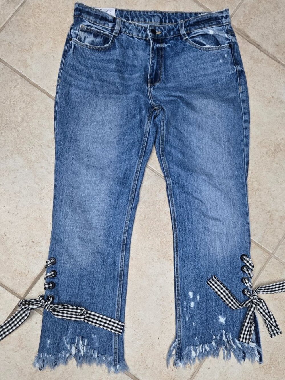 Zara TRF Refix'd Jeans Gingham Ribbon Tie Distressed 8